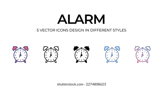 diseño de iconos de alarma en estilo Cinco con pulsación editable. Línea, Sólido, Línea plana, Color de tono Duo y Línea de degradado de color. Adecuado para diseño de páginas Web, aplicaciones móviles, UI, UX y GUI.