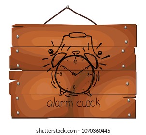 Alarm icon. Hand drawn alarm clock isolated on wooden plank background. Wake up.