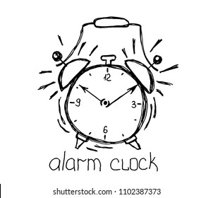 Alarm icon. Hand drawn alarm clock isolated on white background. Wake up.