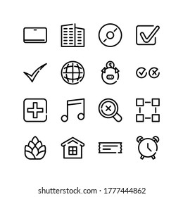 Alarm icon with music note, flat and tick symbols. Set of checkbox, select, connection icons and coupon concept. Editable vector elements for logo app UI design.