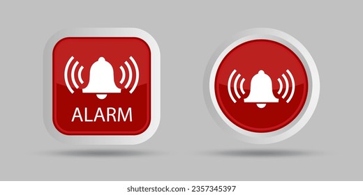 Alarm icon on red background. Red notification alarm and bell icon for incoming inbox messages. Ringing bell and notification button for alarm and application alert. Vector.