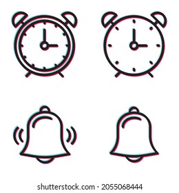 Alarm icon pack with glitch effect. clock. fire alarm. alarm clock. notification