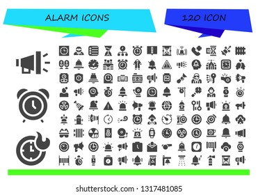 alarm icon set. 120 filled alarm icons.  Simple modern icons about  - Megaphone, Clocks, Alarm clock, Clock, Bodyguard, Reminder, Hourglass, Time, Timer, Alert, Siren, Emergency call
