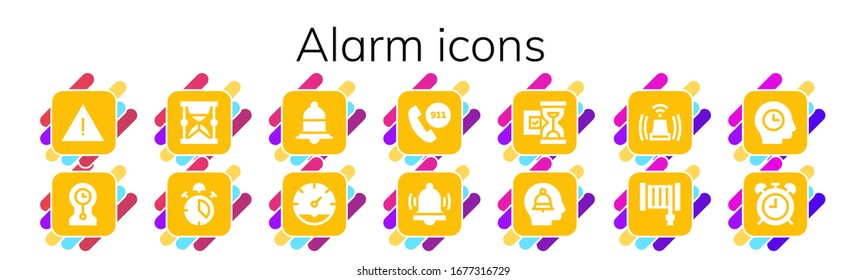 alarm icon set. 14 filled alarm icons.  Simple modern icons such as: Alert, Clocks, Hourglass, Alarm, Notification, Clock, Emergency call, Siren, Hose, Time, Alarma clock