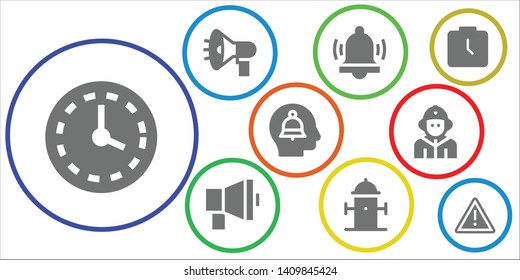 alarm icon set. 9 filled alarm icons.  Simple modern icons about  - Wall clock, Megaphone, Alarm, Hydrant, Alert, Firefighter, Watch, Warning