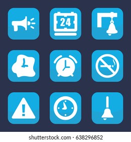 Alarm icon. set of 9 filled alarm icons such as no smoking, bell, megaphone, clock, wall clock, alarm