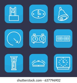 Alarm icon. set of 9 outline alarm icons such as bell, wall clock, pendulum 