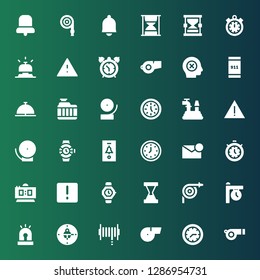 alarm icon set. Collection of 36 filled alarm icons included Whistle, Clock, Hose, Siren, Hourglass, Watch, Attention, Digital clock, Timer, Notification, Wall clock, Watches