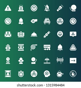 alarm icon set. Collection of 36 filled alarm icons included No fire allowed, Ringer, Failure, Radiation, Timer, Hourglass, Emergency, Hose, Bell, Hydrant, Clock, Alert, Deadline