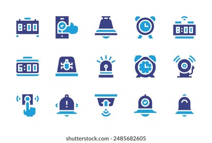 Alarm icon set. Duotone color. Vector illustration. Containing alarmon, alarmclock, alarm, firealarm, smokedetector, bell, light, like, alert, smartclock.