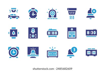 Alarm icon set. Duotone color. Vector illustration. Containing alarmclock, firealarm, alarmbutton, alarm, smokedetector, bell, siren, car, clock.