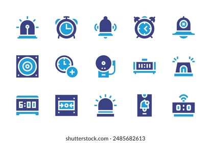 Alarm icon set. Duotone color. Vector illustration. Containing alarmclock, alarmoff, firealarm, add, siren, bell, notificationbell, deskclock.