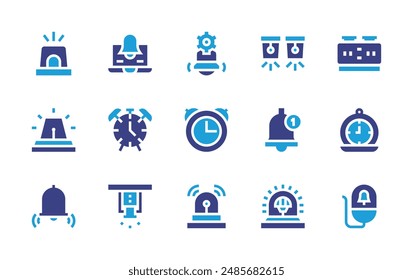 Alarm icon set. Duotone color. Vector illustration. Containing alarmclock, alarm, siren, clock, bell, sprinkler, notification, light, deskclock.