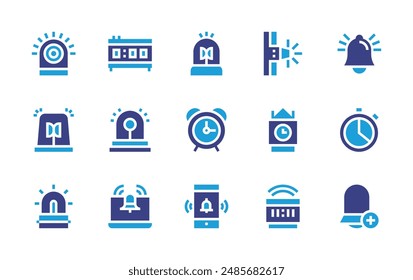 Alarm icon set. Duotone color. Vector illustration. Containing alarmclock, alarm, siren, bell, addnotification, chronometer.