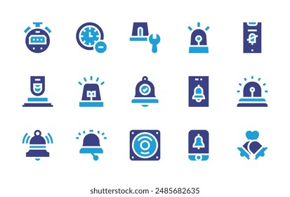Alarm icon set. Duotone color. Vector illustration. Containing alarm, emergencybutton, press, notificationbell, stopwatch, bell, remove, siren, alert.