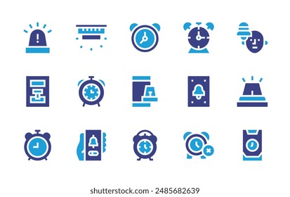 Alarm icon set. Duotone color. Vector illustration. Containing alarm, alarmclock, firealarm, noalarm, siren, smokedetector, smartphone, mobilephone.