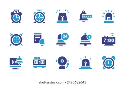 Alarm icon set. Duotone color. Vector illustration. Containing alarm, alarmclock, schoolalarm, notificationbell, book, password, siren, digitalclock.