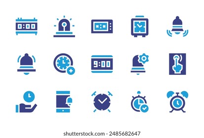 Alarm icon set. Duotone color. Vector illustration. Containing alarm, alarmclock, firealarm, clock, notification, time, add.