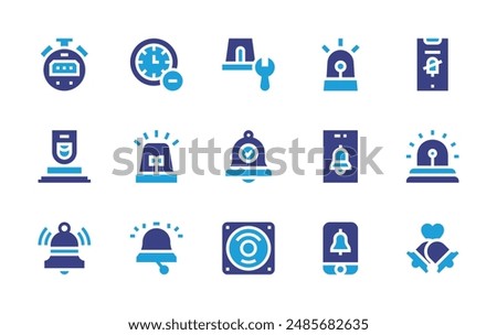 Alarm icon set. Duotone color. Vector illustration. Containing alarm, emergencybutton, press, notificationbell, stopwatch, bell, remove, siren, alert.