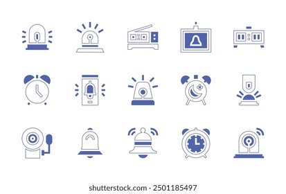 Alarm icon set. Duotone style line stroke and bold. Vector illustration. Containing siren, alarmclock, alarm, press, notificationbell, bell, digitalclock, clock.