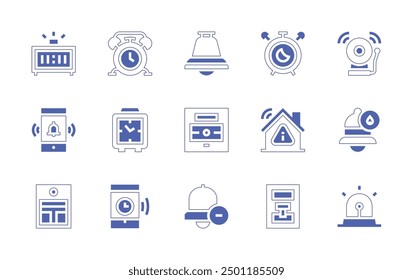 Alarm icon set. Duotone style line stroke and bold. Vector illustration. Containing firealarm, alarm, alarmclock, clock, bell, notification, smartphone, danger.