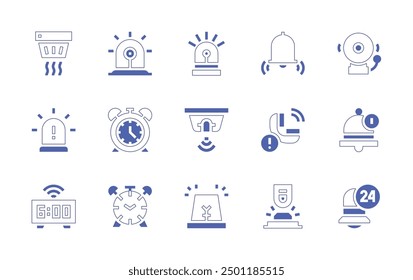Alarm icon set. Duotone style line stroke and bold. Vector illustration. Containing siren, alarm, alarmclock, smokedetector, emergencybutton, bell, light, phone.