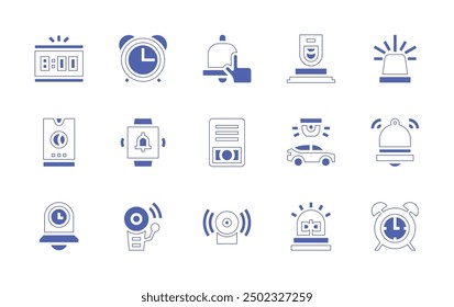 Alarm icon set. Duotone style line stroke and bold. Vector illustration. Containing alarm, alarmbell, alarmclock, digitalalarmclock, firealarm, phonealarm, press, siren, car.