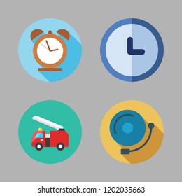 alarm icon set. vector set about alarm clock, clock, fire truck and alarm bell icons set.