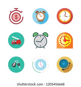 alarm icon set. vector set about alarm clock id, car key, time and alarm bell icons set.