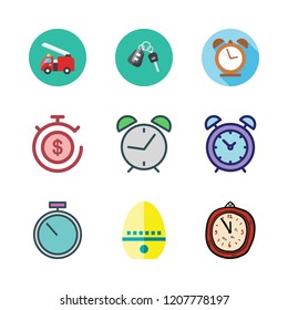 alarm icon set. vector set about clock, fire truck, alarm clock and timer icons set.