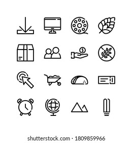 Alarm icon with taco, people group and mountain symbols. Set of clock, display, arrow icons and no gluten concept. Editable vector elements for logo app UI design.