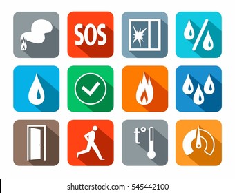 Alarm, icons, colored, fire detectors, humidity, motion, temperature, glass break. Vector white image on a colored background with a shadow. Pictures for the sensors.  