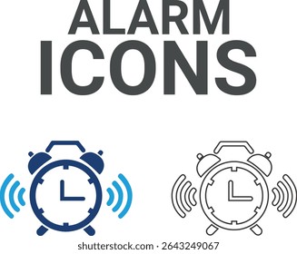 Alarm icons, Line art icons, Timer, alarm, schedule, hourglass, clock icons. Solid icon collection.