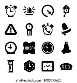 Alarm icons. set of 16 editable filled alarm icons such as siren, bell, bell, clock, wall clock, pendulum