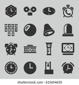 Alarm icons set. set of 16 alarm filled icons such as alarm, siren, wall clock, pendulum, digital clock, clock