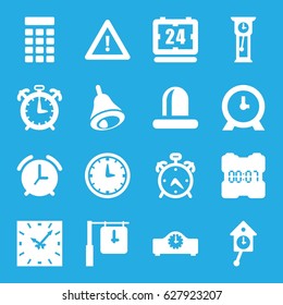 Alarm icons set. set of 16 alarm filled icons such as alarm, clock, warning, siren, bell, intercom, wall clock, pendulum