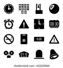 Alarm icons set. set of 16 alarm filled icons such as no smoking, siren, warning, door ringer, wall clock, digital clock, alarm, bell