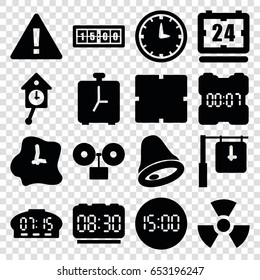 Alarm icons set. set of 16 alarm filled icons such as clock, wall clock, pendulum, digital clock, alarm, bell, radiation