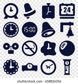 Alarm icons set. set of 16 alarm filled icons such as no smoking, bell, clock, bell, wall clock, pendulum, digital clock