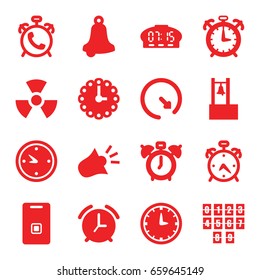 Alarm icons set. set of 16 alarm filled icons such as clock, door ringer, siren, wall clock, radiation