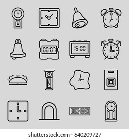 Alarm icons set. set of 16 alarm outline icons such as siren, clock, bell, door bell, wall clock, pendulum, digital clock