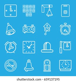 Alarm icons set. set of 16 alarm outline icons such as alarm, no smoking, siren, door ringer, bell, wall clock, pendulum, clock