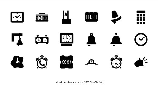 Alarm icons. set of 18 editable filled alarm icons: alarm, bell, clock, siren, intercom, bell, wall clock