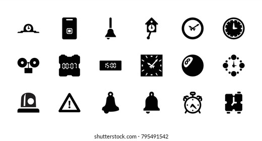 Alarm icons. set of 18 editable filled alarm icons: alarm, bell, clock, warning, door ringer, wall clock, pendulum, digital clock