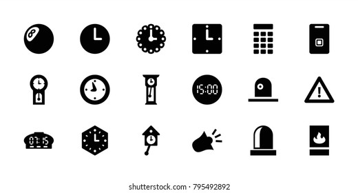 Alarm icons. set of 18 editable filled alarm icons: clock, warning, door ringer, fire protection, siren, intercom, wall clock, pendulum