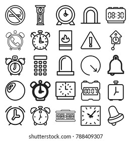 Alarm icons. set of 25 editable outline alarm icons such as no smoking, siren, bell, clock, warning, fire protection, intercom, pendulum