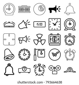 Alarm icons. set of 25 editable outline alarm icons such as megaphone, alarm, clock, bell, siren, wall clock, digital clock, radiation