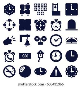 Alarm icons set. set of 25 alarm filled icons such as alarm, no smoking, siren, clock, bell, wall clock, pendulum, digital clock