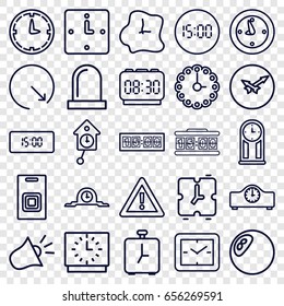 Alarm icons set. set of 25 alarm outline icons such as warning, siren, door bell, clock, wall clock, pendulum, digital clock