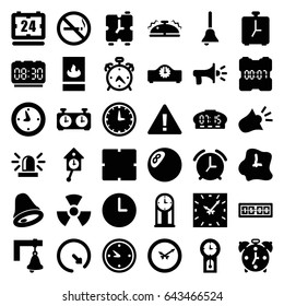 Alarm icons set. set of 36 alarm filled icons such as alarm, no smoking, clock, siren, bell, fire protection, megaphone, wall clock, pendulum, digital clock, radiation